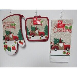 4 Piece Set Driving Gnome for Christmas 1 Dish Towel & 2 Potholder &1 OvenMitt